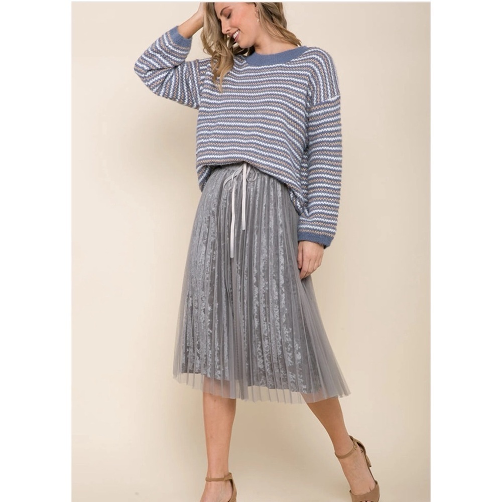 Romantic Silver Velvet Pleated Skirt Tulle Overlay Midi Minimal NWT XS 1142A